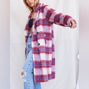 NWOT Plaid Double Breasted Red and Blue Coat Size S